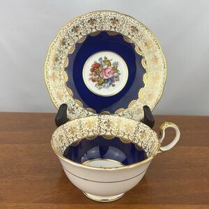Vintage Aynsley J.A. Bailey signed bone china cobalt blue tea cup and saucer